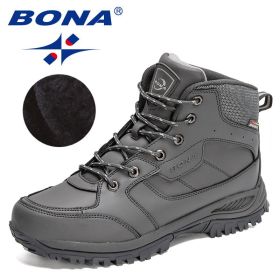 BONA 2022 New Designers Casual Winter Outdoor Snow Shoes Men Fashion Action Leather Plush Warm Boots Man High Top Hiking Shoes (Color: Dark grey S gray, size: 8.5)